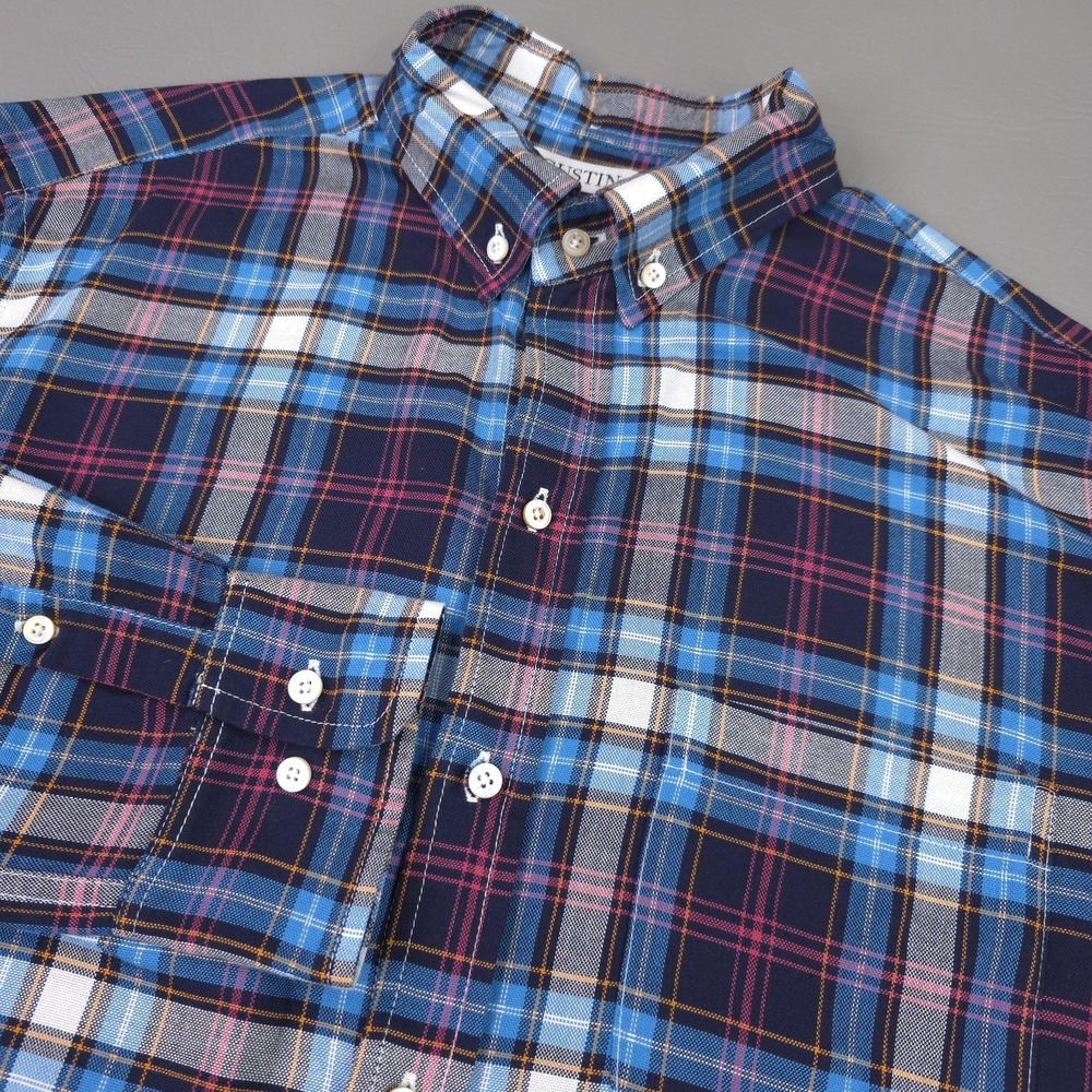 Gustin Shirt Mens Medium Blue Plaid 100% Cotton Long Sleeve Button-Down USA